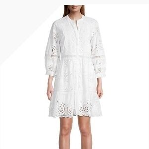 Kobi Halperin White Eyelet Cotton Lace Dress Long Sleeve Tiered Mini Boho  XS